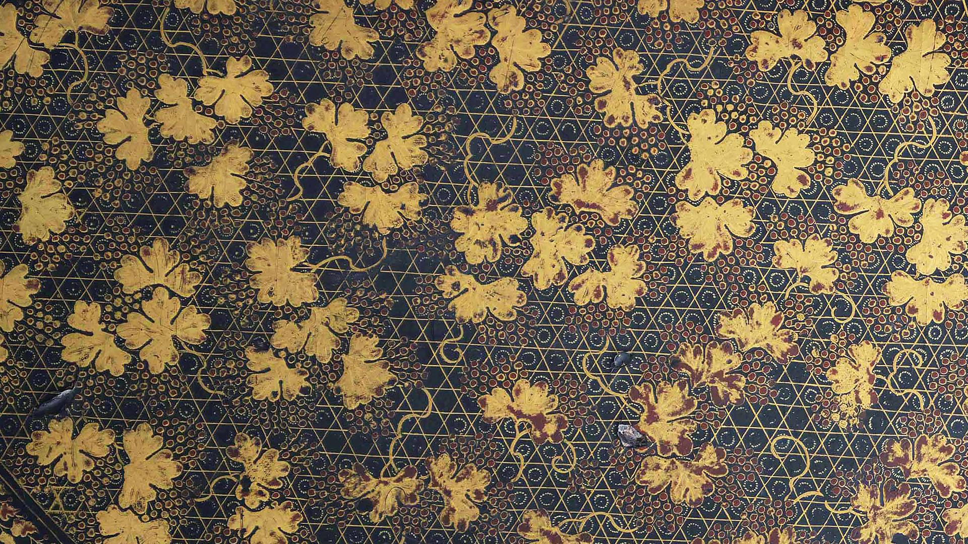 Detail from black lacquer export Chinese clothes boxes in The Yellow Bow Rooms of The Royal Pavilion at Brighton